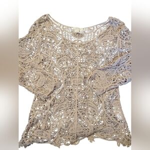 Adiva‎ Lace Top Large Cream 3/4 Sleeve Sheer Crochet Top Boho Beach 90s Style